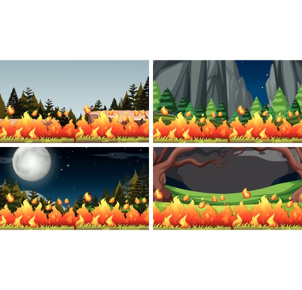 set of bush fire landscape