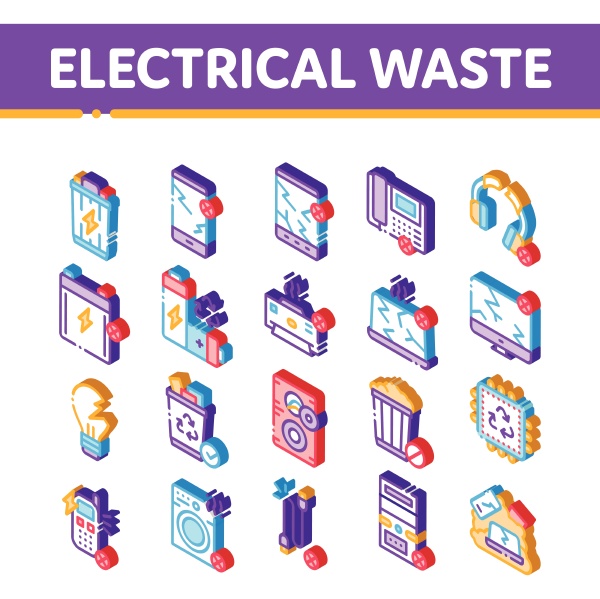 electrical waste tools isometric icons set