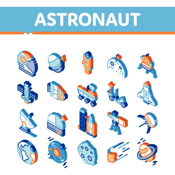 astronaut equipment isometric icons set vector