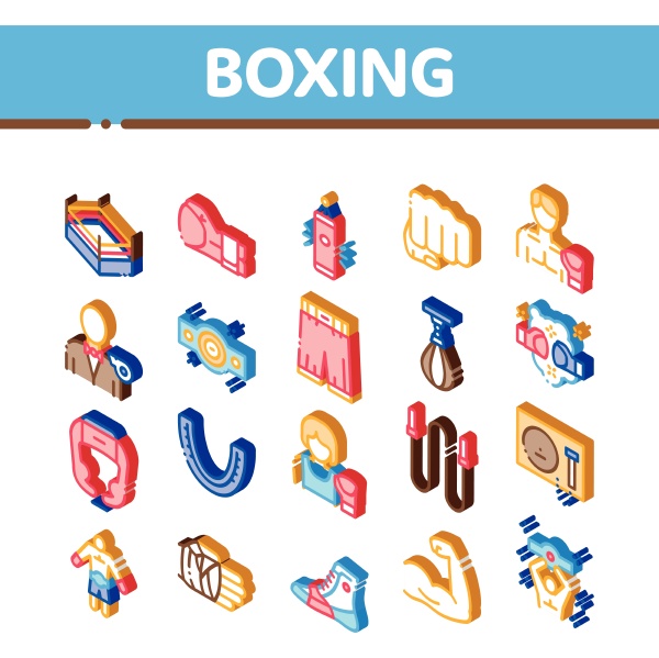 boxing sport tool isometric icons set