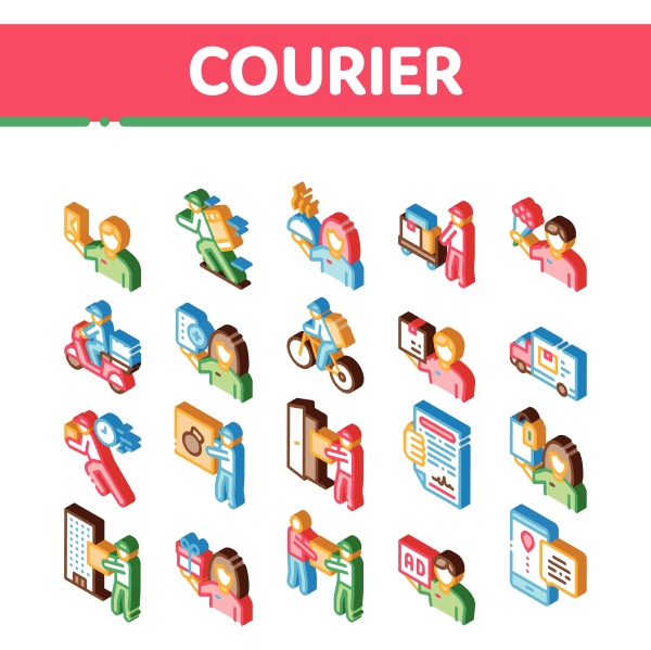 courier delivery job isometric icons set