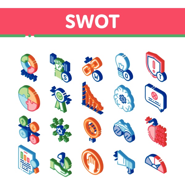 swot analysis strategy isometric icons set