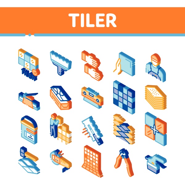 tiler work equipment isometric icons set