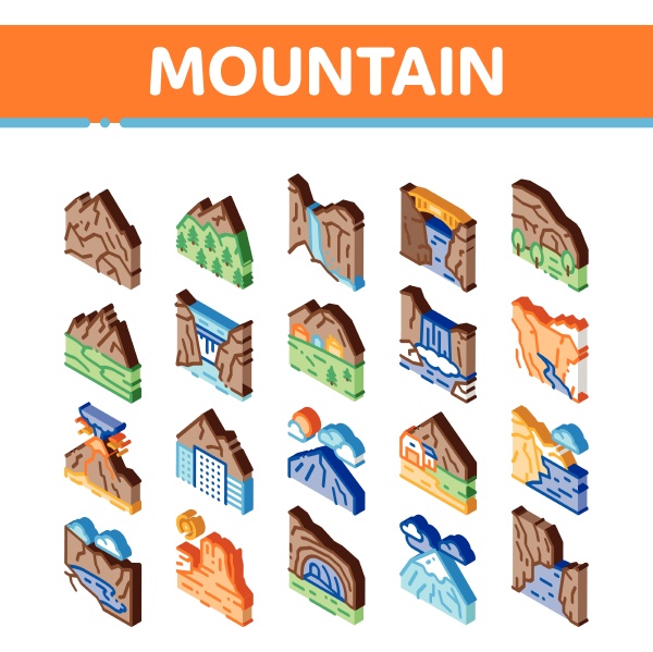 mountain landscape isometric icons set vector