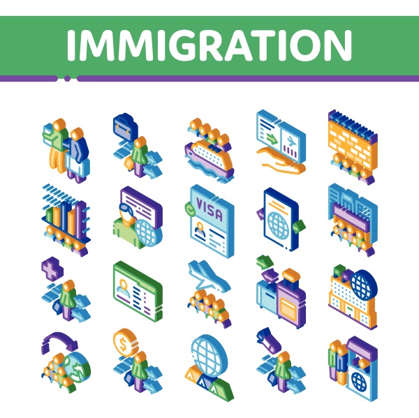 immigration refugee isometric icons set vector