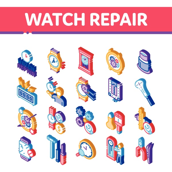 watch repair service isometric icons set
