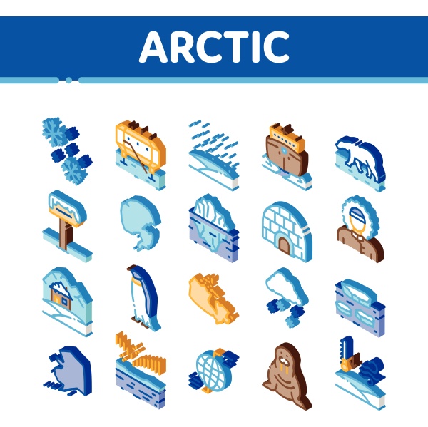 arctic and antarctic isometric icons set