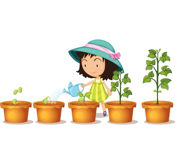happy girl watering plants on white