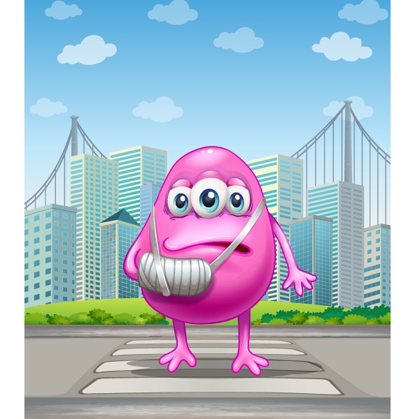 an injured pink monster crossing the