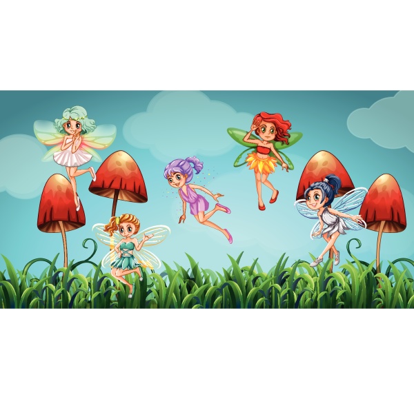 fairies flying in the mushroom garden