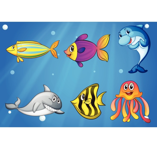 six colorful smiling fishes under the