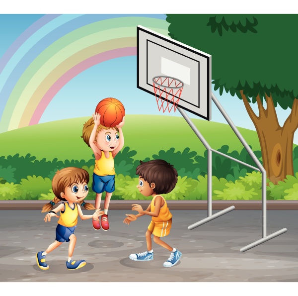 three children playing basketball at the