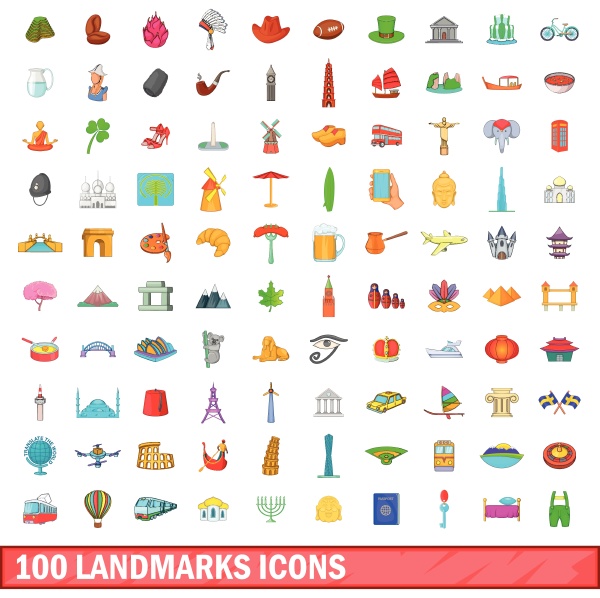100 landmarks icons set cartoon