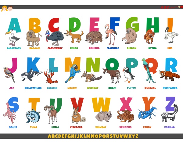 cartoon alphabet set with funny animal characters - Stock Photo ...