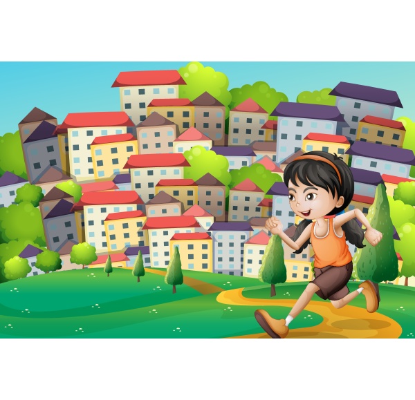a hilltop with a girl running