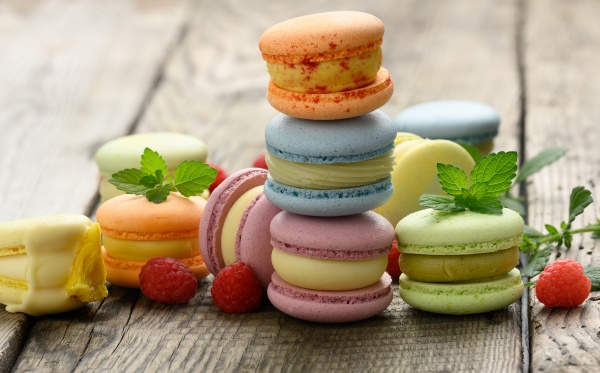 stack of baked multicolored macarons and
