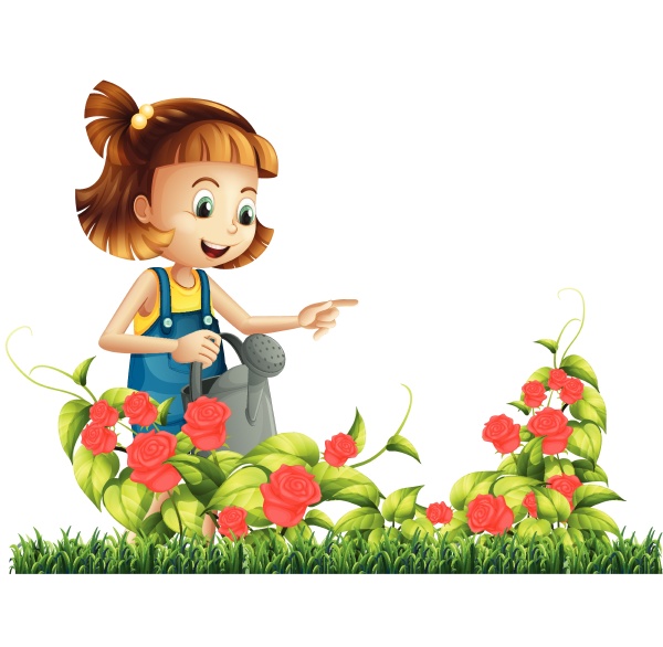 a girl watering rose tree
