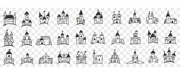 castles facades with towers doodle set
