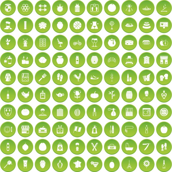 100 beauty product icons set green
