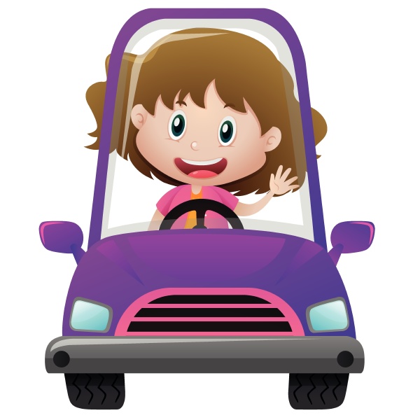 happy girl driving in purple car