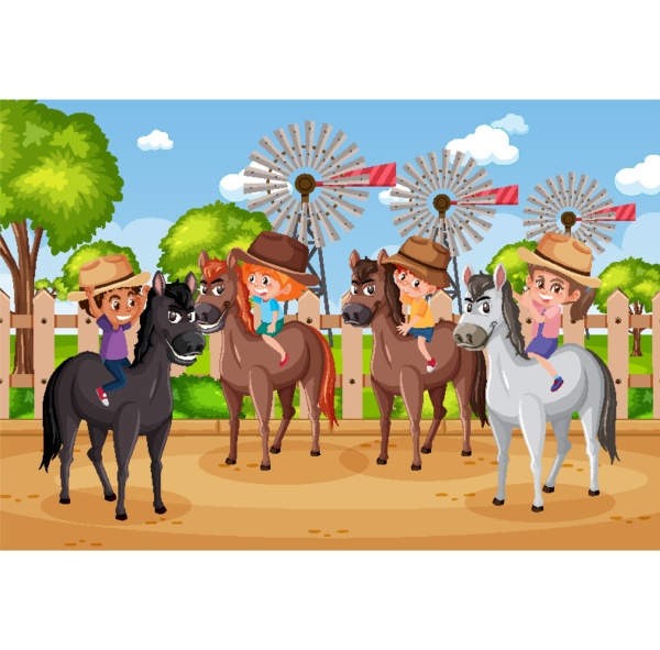 background scene with children riding horses
