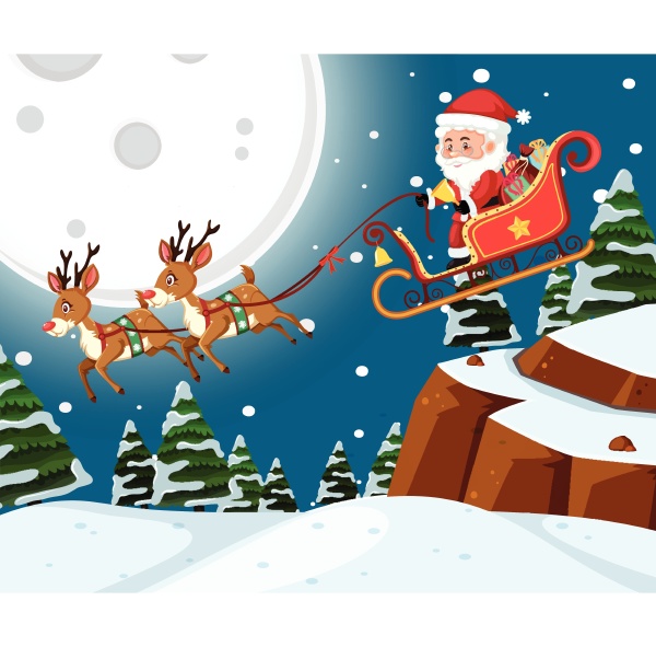 santa on sleigh with reindoors night