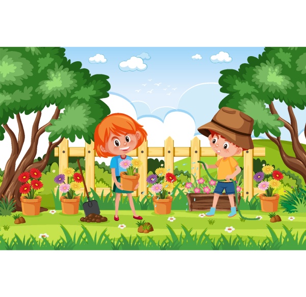 background scene with kids working in
