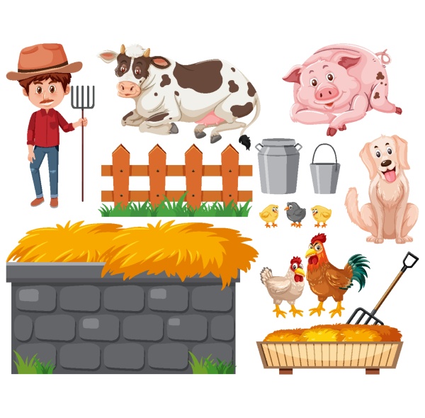 set of farmer and animals on