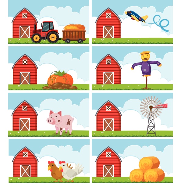 different farm animals and things on