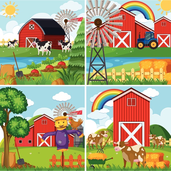 four scenes with cows and barns