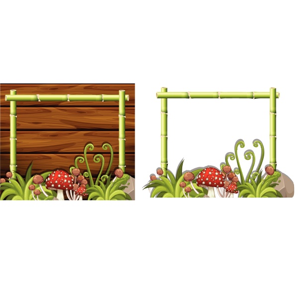 two bamboo frames with mushrooms