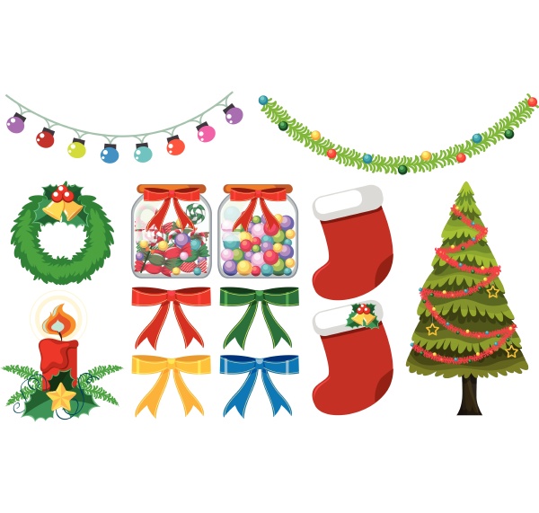 different christmas decorations on white background