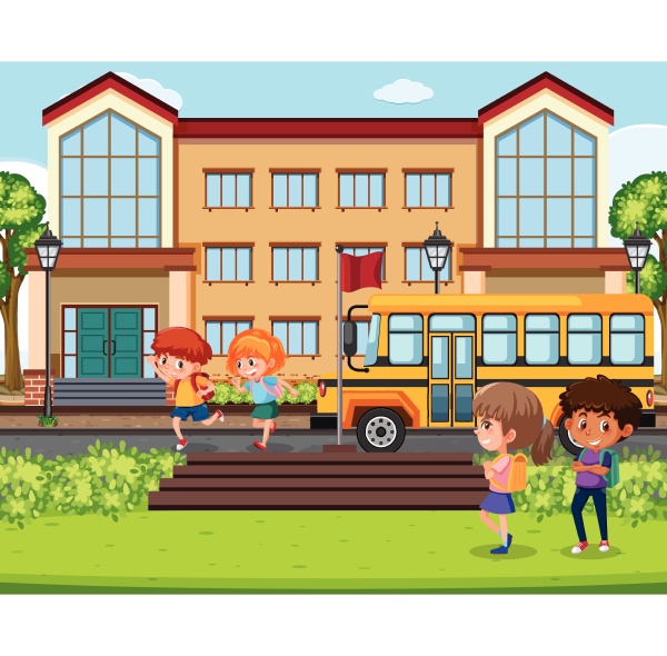 children infront of school scene