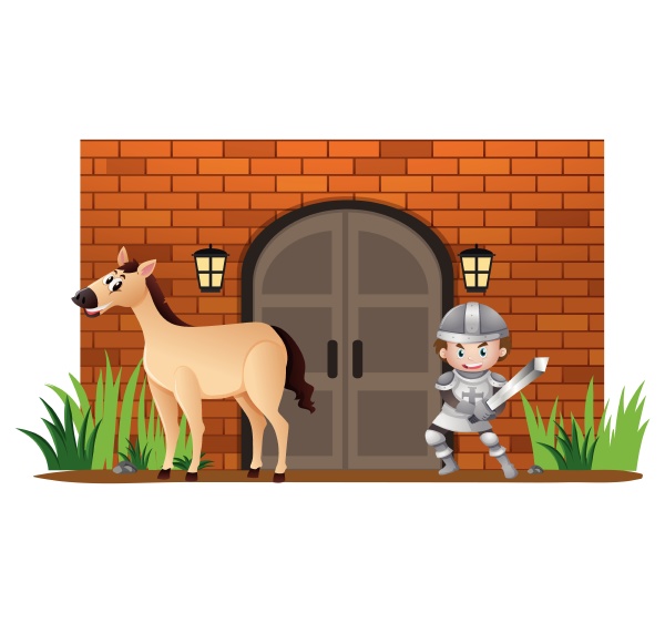 knight and horse at castle wall