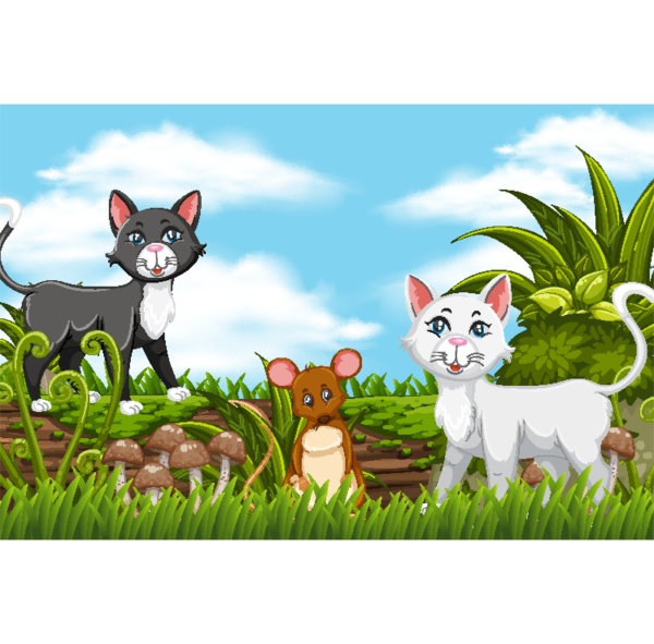 cats and mouse in jungle scene
