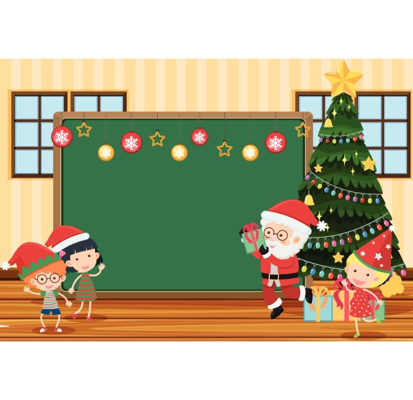blackboard in classroom with santa and