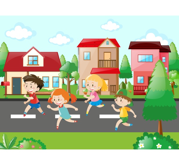 children running in the neighborhood