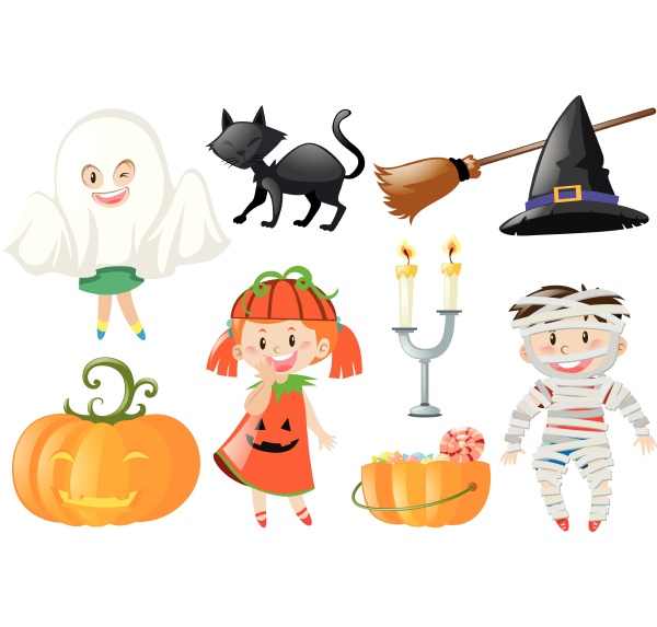 halloween set with kids in costumes