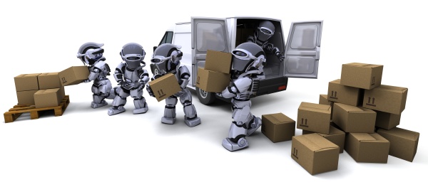 robot with shipping boxes loading a