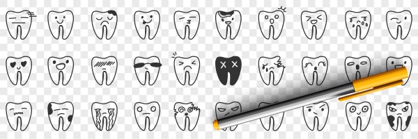healthy and unhealthy tooth doodle set