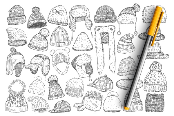 various winter caps and hats doodle