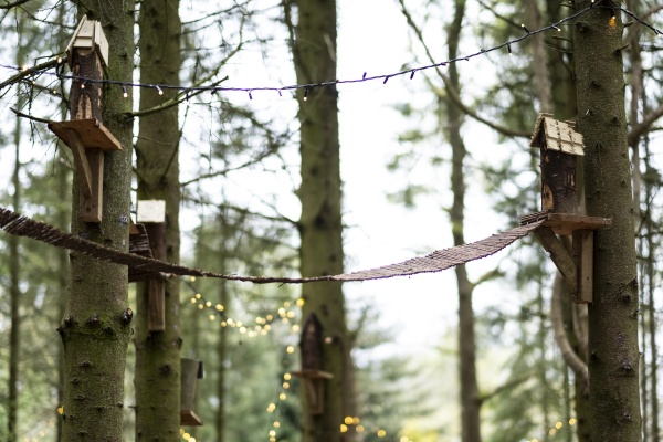 wooden bird houses and fairy lights