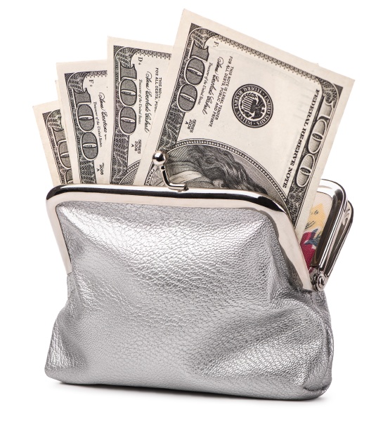 silver purse and dollars