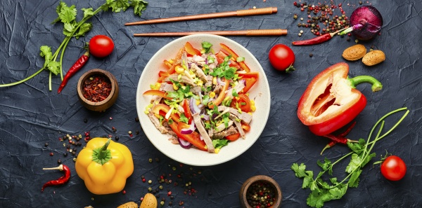 asian salad with vegetables and meat