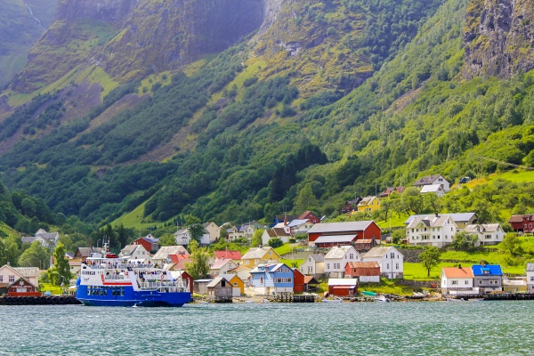 ferry in colorful undredal village aurlandsfjord
