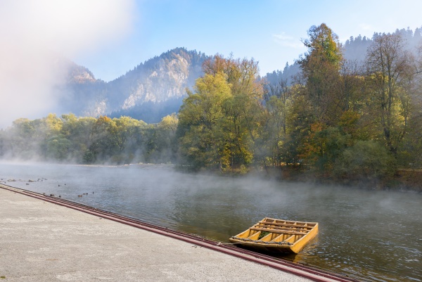 wooden raft on dunajec river in