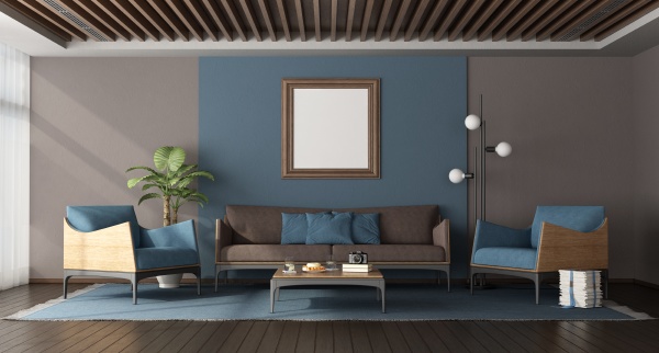 blue and brown modern living room
