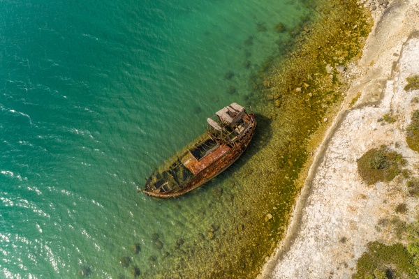 aerial view of sunken ship in