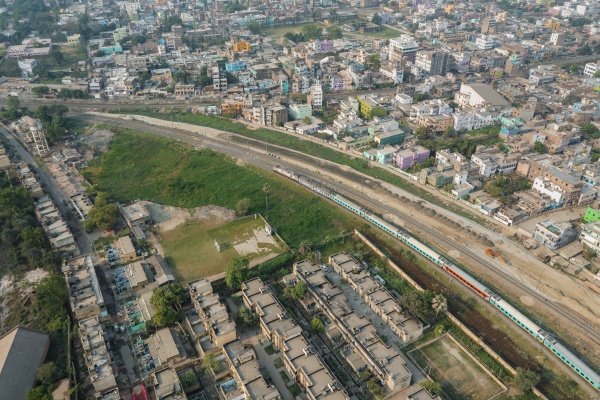 aerial view of a train crossing