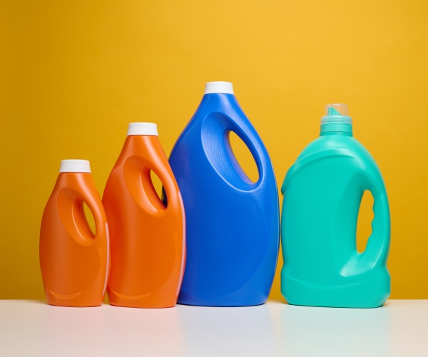plastic orange and blue large bottles
